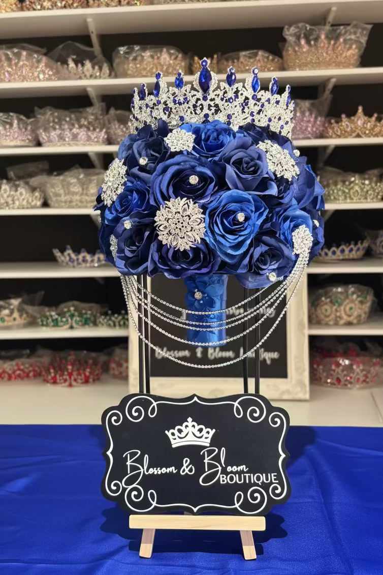 Royal Blue Quinceañera Bouquet, Crown & Jewelry Set 👑💙